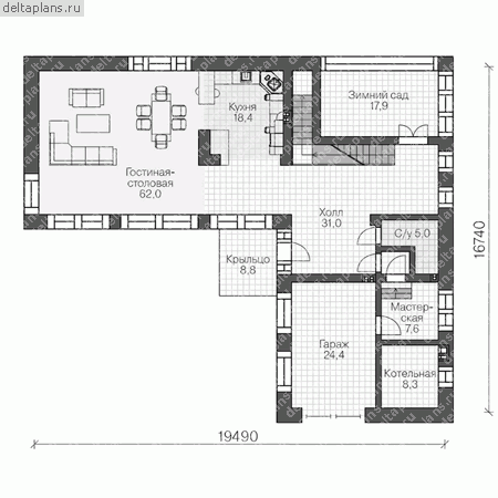Проект кирпичного дома № U-332-1K - 1-й этаж