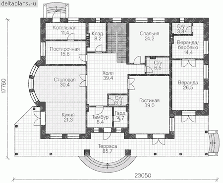 Проект дома с монолитным каркасом № U-490-1M - 1-й этаж