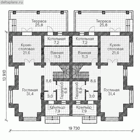 Проект таунхауса 3 этажа № U-530-1K - 1-й этаж