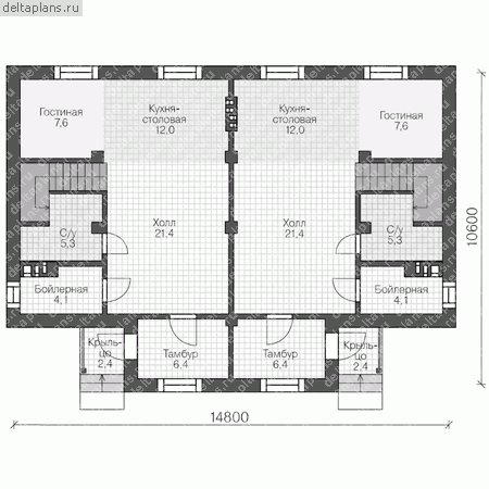 Проект пенобетонного дома на две семьи № V-242-1P - 1-й этаж