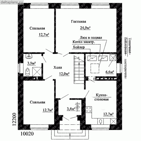 Проект дома с цокольным этажом и мансардой № W-122-1K - 1-й этаж