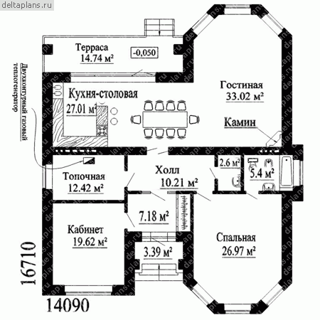 Одноэтажный загородный дом из кирпича № W-142-1K - 1-й этаж