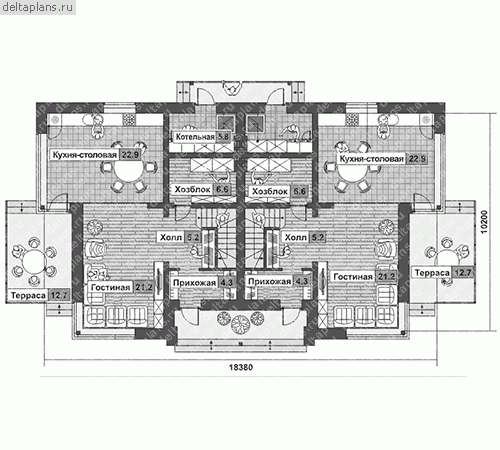 Проект дома на две семьи № W-271-1P - 1-й этаж