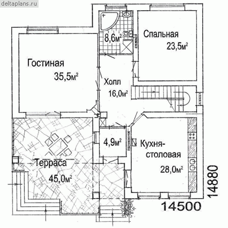 Кирпичный коттедж проект № W-272-1K - 1-й этаж