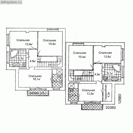 Проект дома для двух семей № W-286-1K - 2-й этаж