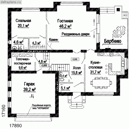 Кирпичный загородный дом  № W-348-1K - 1-й этаж