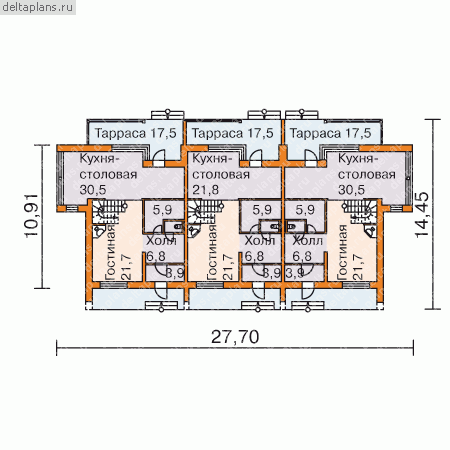 Проект трех секционного таунхауса № W-428-1P - 1-й этаж