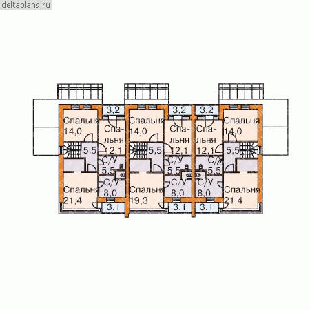 Проект трех секционного таунхауса № W-428-1P - 2-й этаж