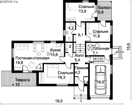 Одноэтажный деревянный загородный дом № Y-129-1D - 1-й этаж