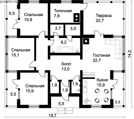 Проект загородного дома 14 на 15 № Y-189-1S - 1-й этаж