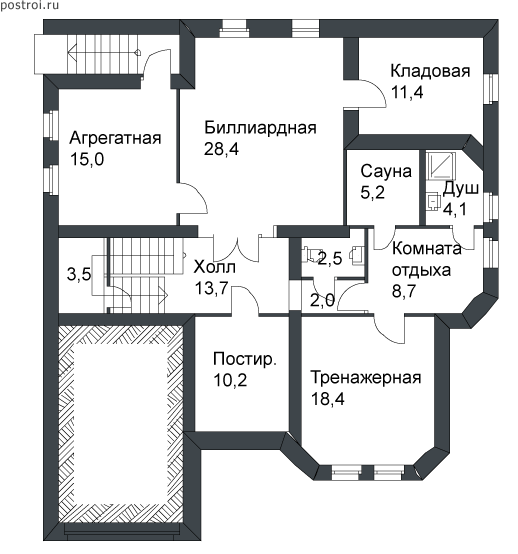 Дом 3 этажа из кирпича с тренажерным залом № B-466-1P - цоколь