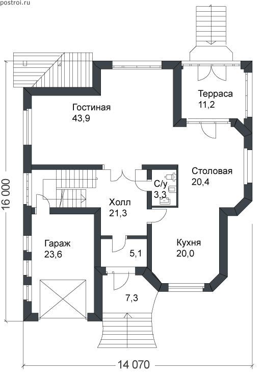 Дом 3 этажа из кирпича с тренажерным залом № B-466-1P - 1-й этаж