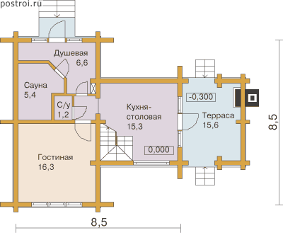 Деревянный дом сауной и террасой № D-070-1D - 1-й этаж
