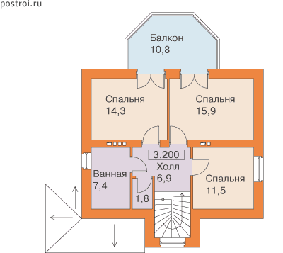 Проект дома с верандой и балконом  из пеноблоков № F-131-1P - мансарда