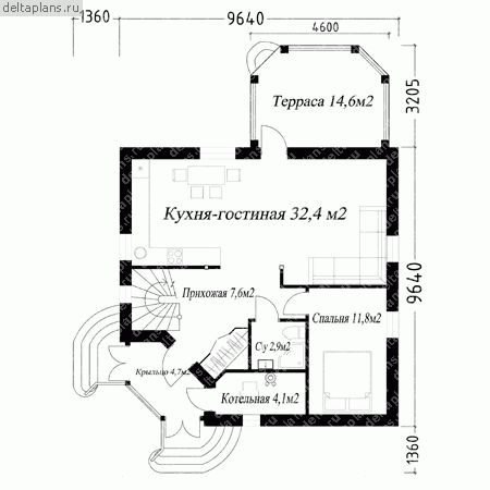Коттедж с угловым крыльцом, проект № F-139-1P - 1-й этаж