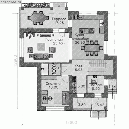 2-этажный коттедж проект № F-197-1P - 1-й этаж