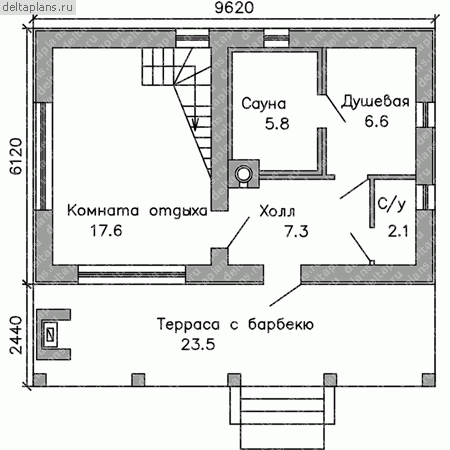 Проект пенобетонной бани № G-080-1P - 1-й этаж