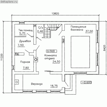 Проект пенобетонной бани № G-177-1P - 1-й этаж