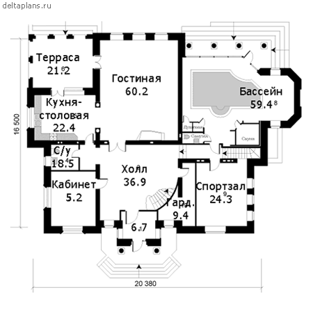 Проект коттеджа с бассейном № G-668-1K - 1-й этаж