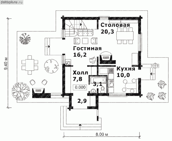 Деревянный дом-коттедж с подвалом № J-108-1D - 1-й этаж