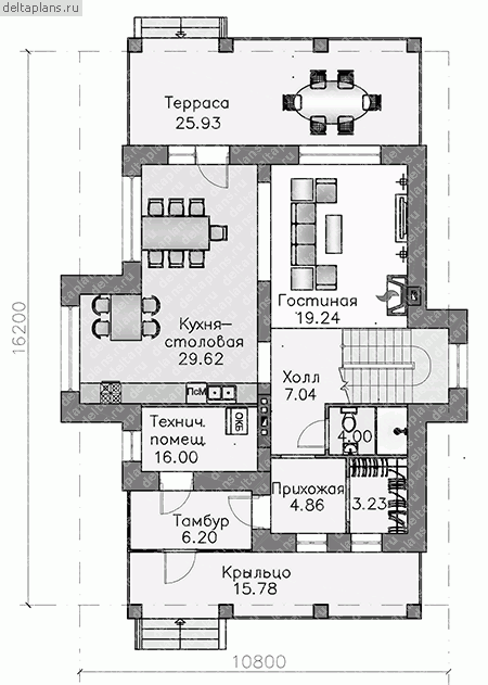 Проект дома из газобетона с террасой и крыльцом № J-183-1P - 1-й этаж