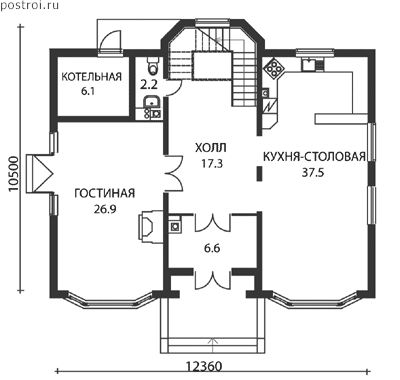 Мансардный дом-коттедж из газобетона № J-255-1P - 1-й этаж