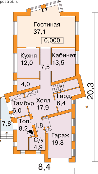 Типовой проект дома-коттеджа для узкого участка № J-297-1K - 1-й этаж