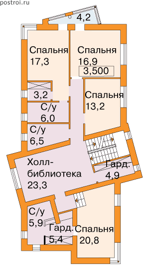 Типовой проект дома-коттеджа для узкого участка № J-297-1K - 2-й этаж