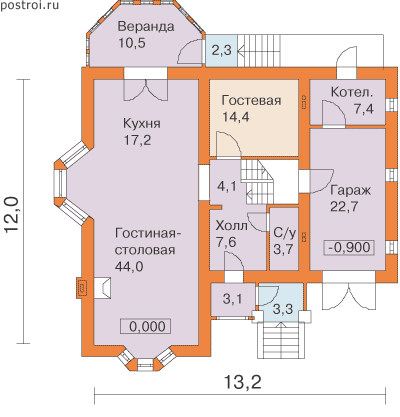 Дом 2 этажа с верандой 12 на 13 № K-239-1P - 1-й этаж