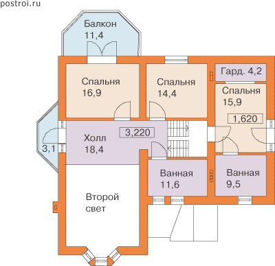 Дом 2 этажа с верандой 12 на 13 № K-239-1P - 2-й этаж
