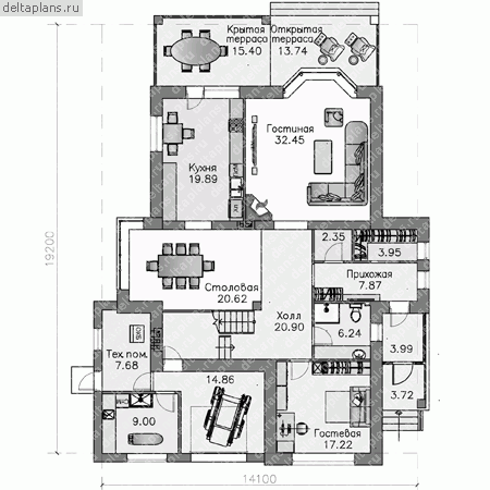 Коттедж из газо(пено)блоков, проект № L-313-1P - 1-й этаж
