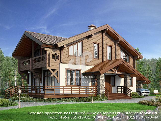 Комбинированный загородный дом из кирпича и бруса № M-197-1K Комбинированный загородный дом из кирпича и бруса № M-197-1K