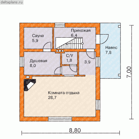 Баня с мансардой № P-087-1P - 1-й этаж