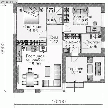 Проект пенобетонного дома № T-078-1P - 1-й этаж