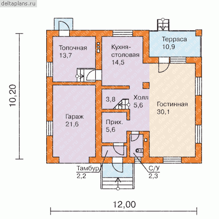 Коттедж с гаражом, проект № T-170-1P - 1-й этаж