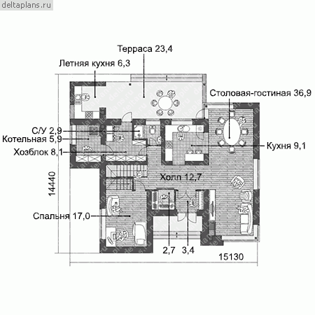 Современный дом из газобетонных блоков проект № W-207-1P - 1-й этаж