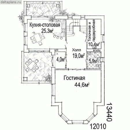 Кирпичный коттедж 2 этажа № W-212-1K - 1-й этаж