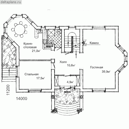 Проект кирпичного дома с цоколем № W-312-1K - 1-й этаж