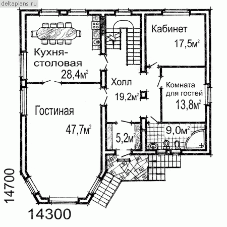 Большой загородный коттедж с цоколем № W-399-1K - 1-й этаж